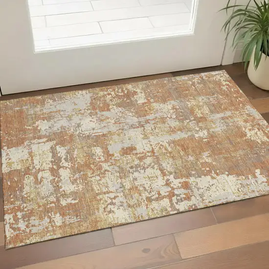 Copper Ivory And Gold Abstract Washable Area Rug With UV Protection Photo 1