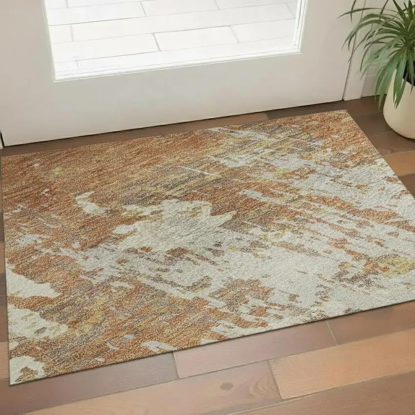 Copper Ivory And Gold Abstract Washable Area Rug With UV Protection Photo 2