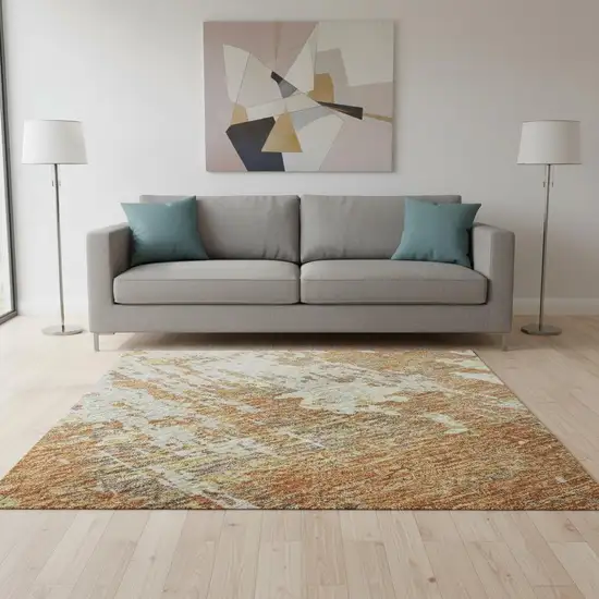 Copper Ivory And Gold Abstract Washable Area Rug With UV Protection Photo 2