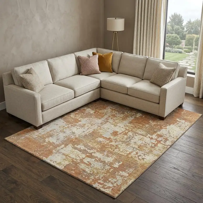 Copper Ivory And Gold Abstract Washable Area Rug With UV Protection Photo 1
