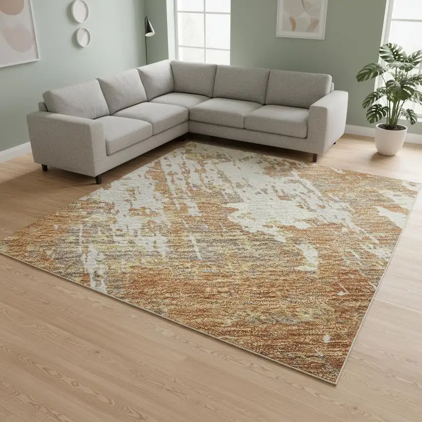 Copper Ivory And Gold Abstract Washable Area Rug With UV Protection Photo 2