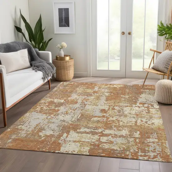Copper Ivory And Gold Abstract Washable Area Rug With UV Protection Photo 5