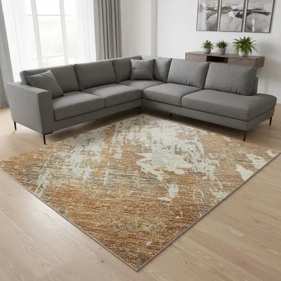 Copper Ivory And Gold Abstract Washable Area Rug With UV Protection Photo 2