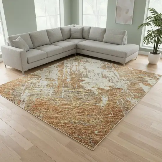 Copper Ivory And Gold Abstract Washable Area Rug With UV Protection Photo 2