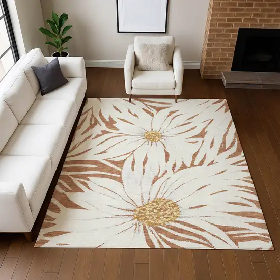 Copper Ivory And Gold Floral Washable Indoor Outdoor Area Rug Photo 7