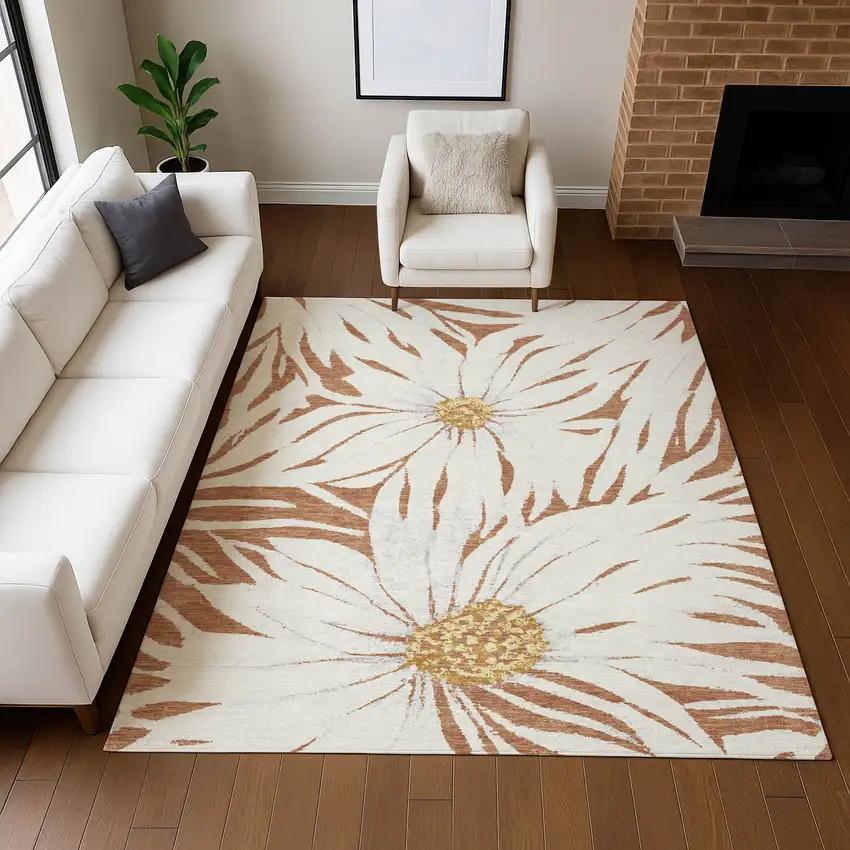 Copper Ivory And Gold Floral Washable Indoor Outdoor Area Rug Photo 7