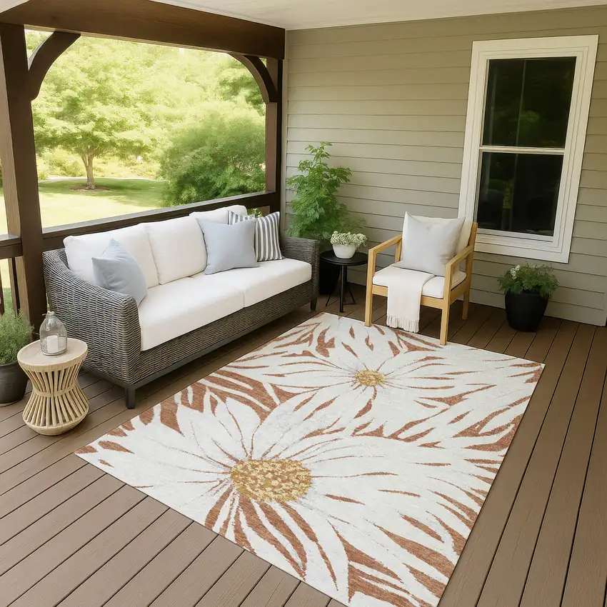 Copper Ivory And Gold Floral Washable Indoor Outdoor Area Rug Photo 6