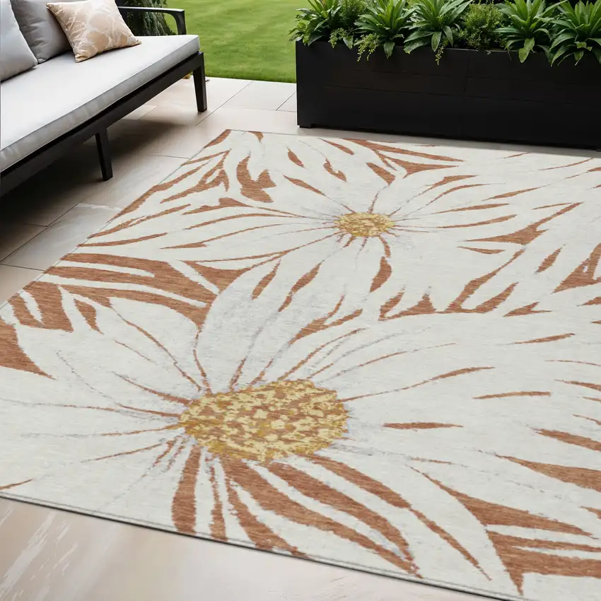 Copper Ivory And Gold Floral Washable Indoor Outdoor Area Rug Photo 1