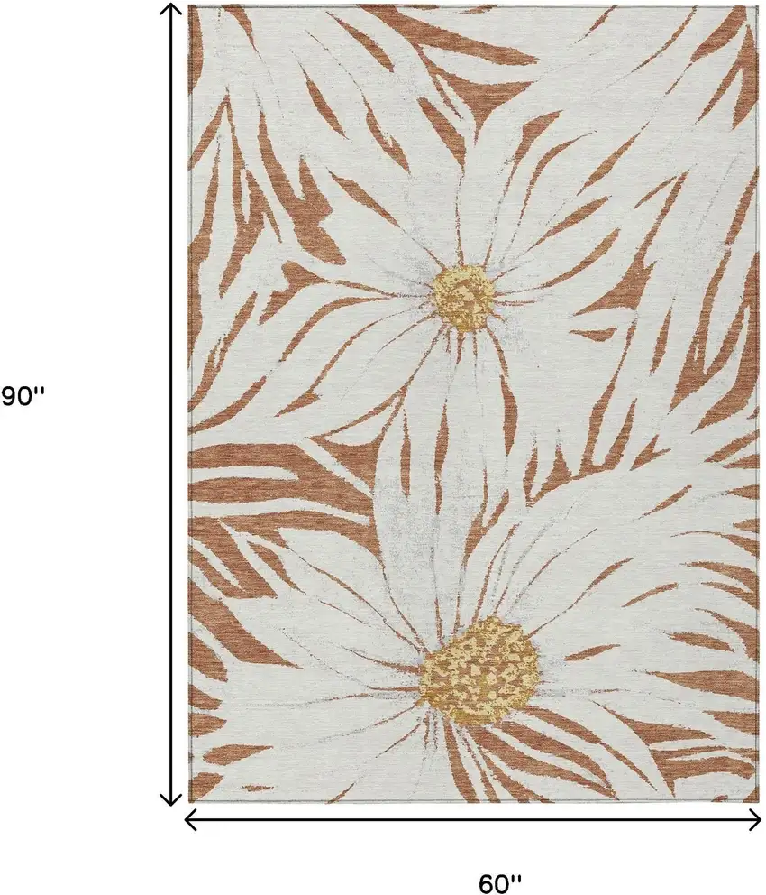 Copper Ivory And Gold Floral Washable Indoor Outdoor Area Rug Photo 3