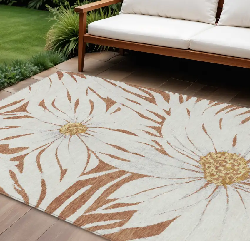 Copper Ivory And Gold Floral Washable Indoor Outdoor Area Rug Photo 1