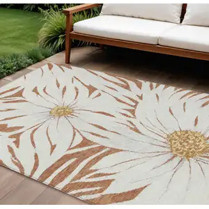 Photo of Copper Ivory And Gold Floral Washable Indoor Outdoor Area Rug