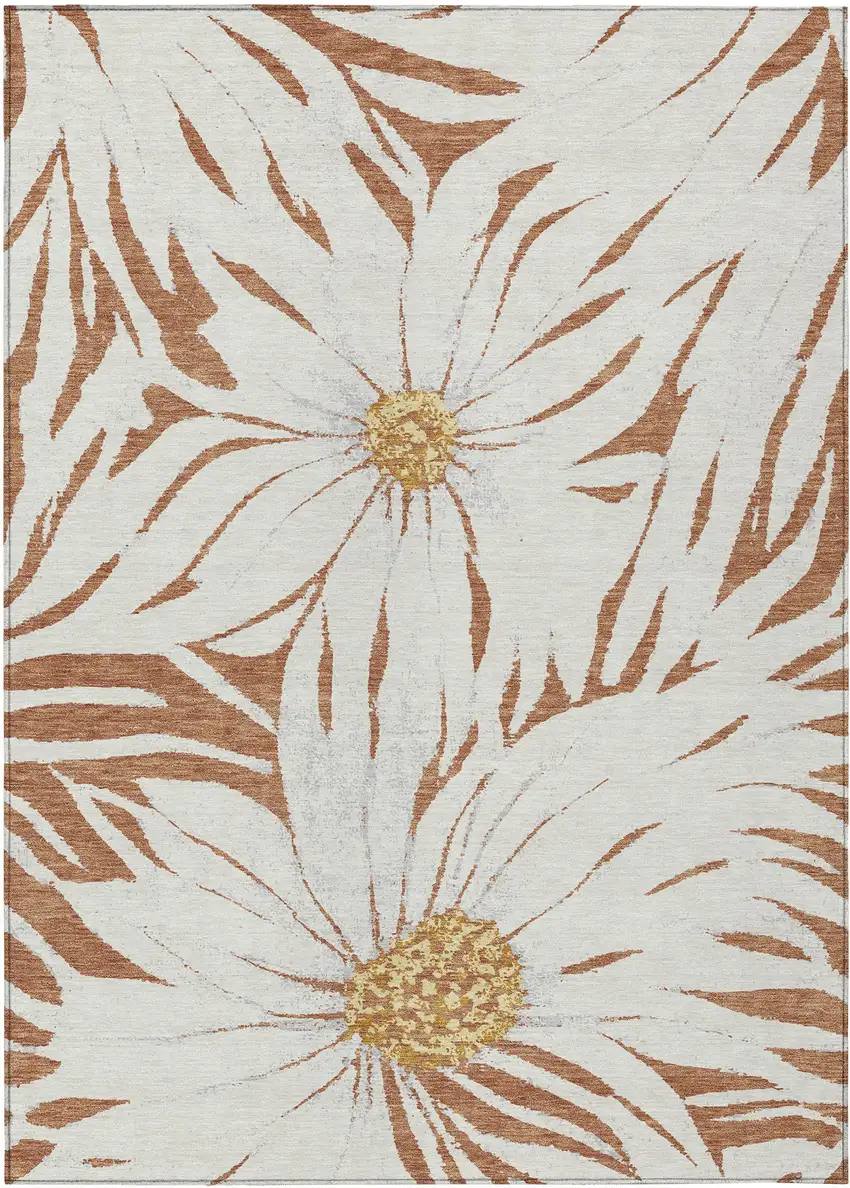 Copper Ivory And Gold Floral Washable Indoor Outdoor Area Rug Photo 1