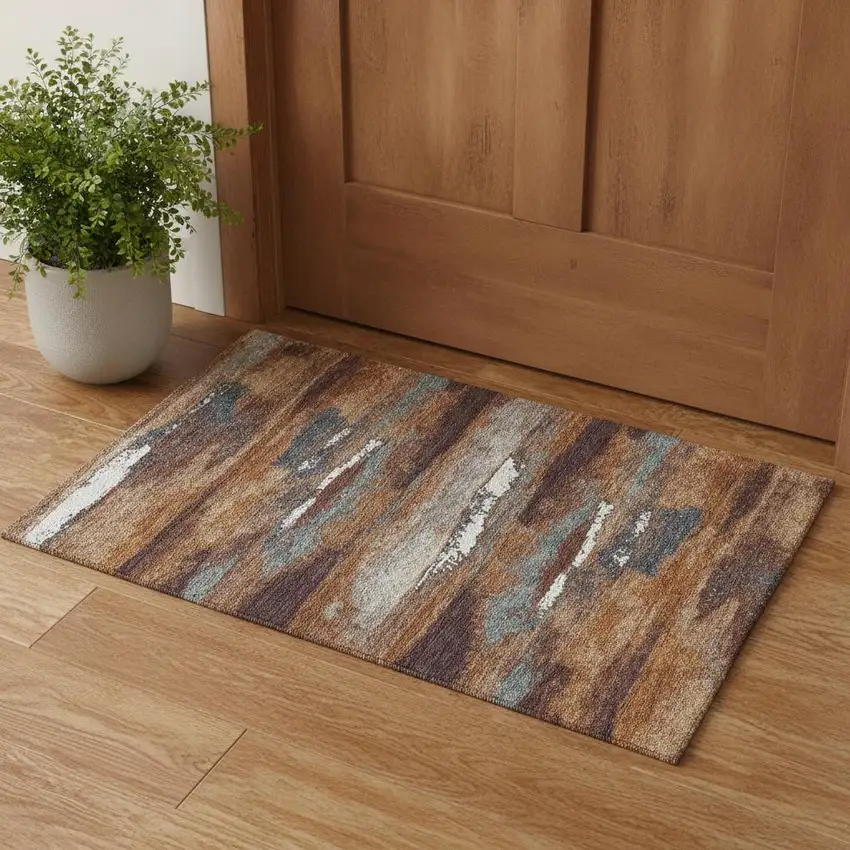 Copper Ivory And Gray Abstract Washable Area Rug With UV Protection Photo 1