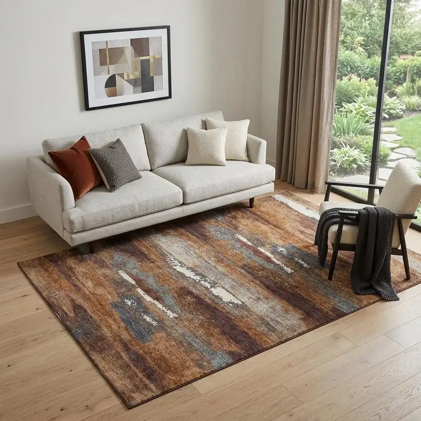 Copper Ivory And Gray Abstract Washable Area Rug With UV Protection Photo 1