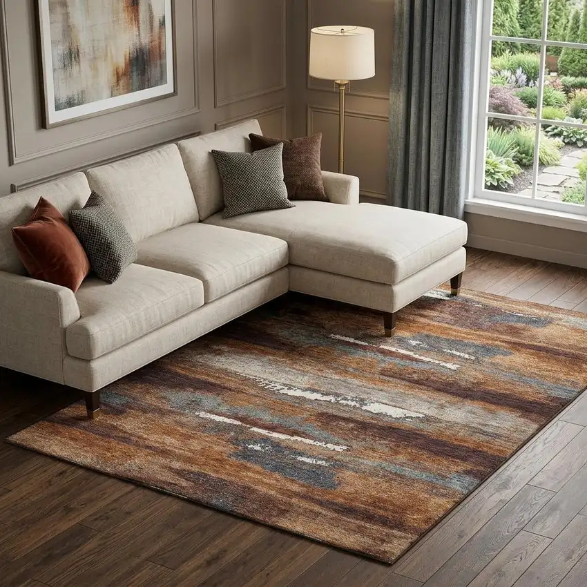 Copper Ivory And Gray Abstract Washable Area Rug With UV Protection Photo 1