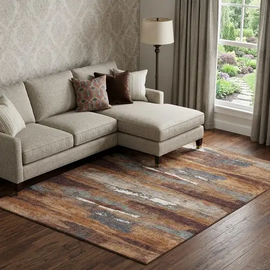 Copper Ivory And Gray Abstract Washable Area Rug With UV Protection Photo 1