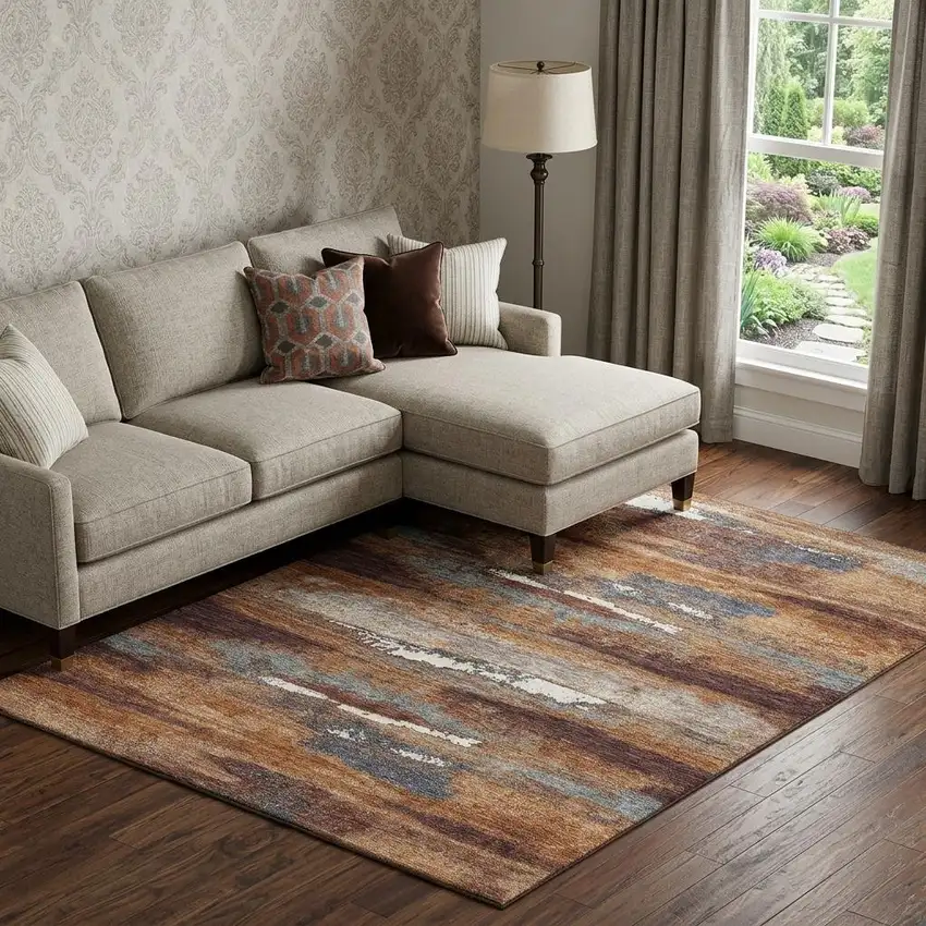 Copper Ivory And Gray Abstract Washable Area Rug With UV Protection Photo 1