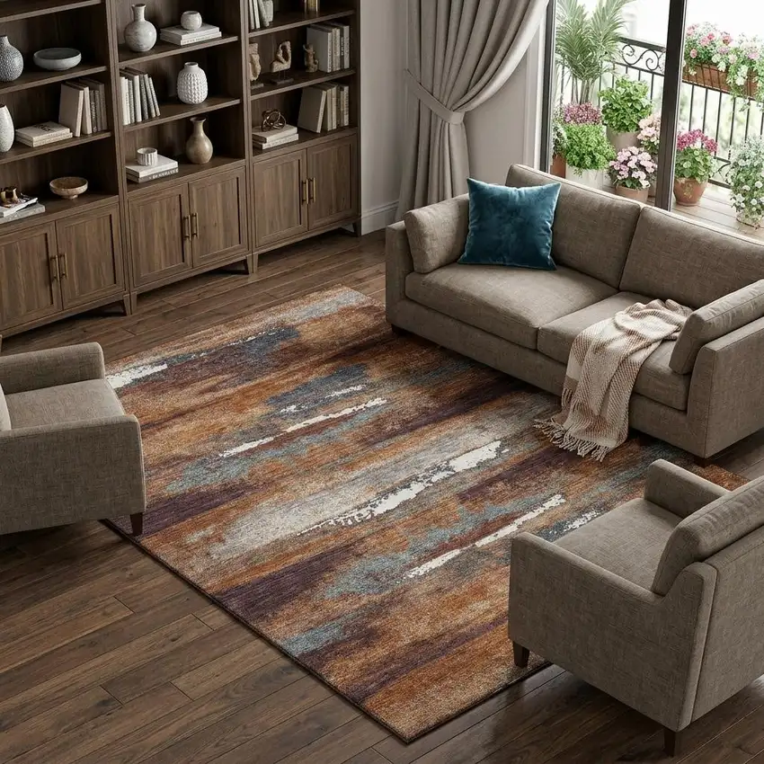 Copper Ivory And Gray Abstract Washable Area Rug With UV Protection Photo 1