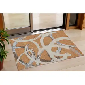 Photo of Copper Ivory And Gray Abstract Washable Indoor Outdoor Area Rug