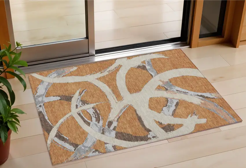 Copper Ivory And Gray Abstract Washable Indoor Outdoor Area Rug Photo 1