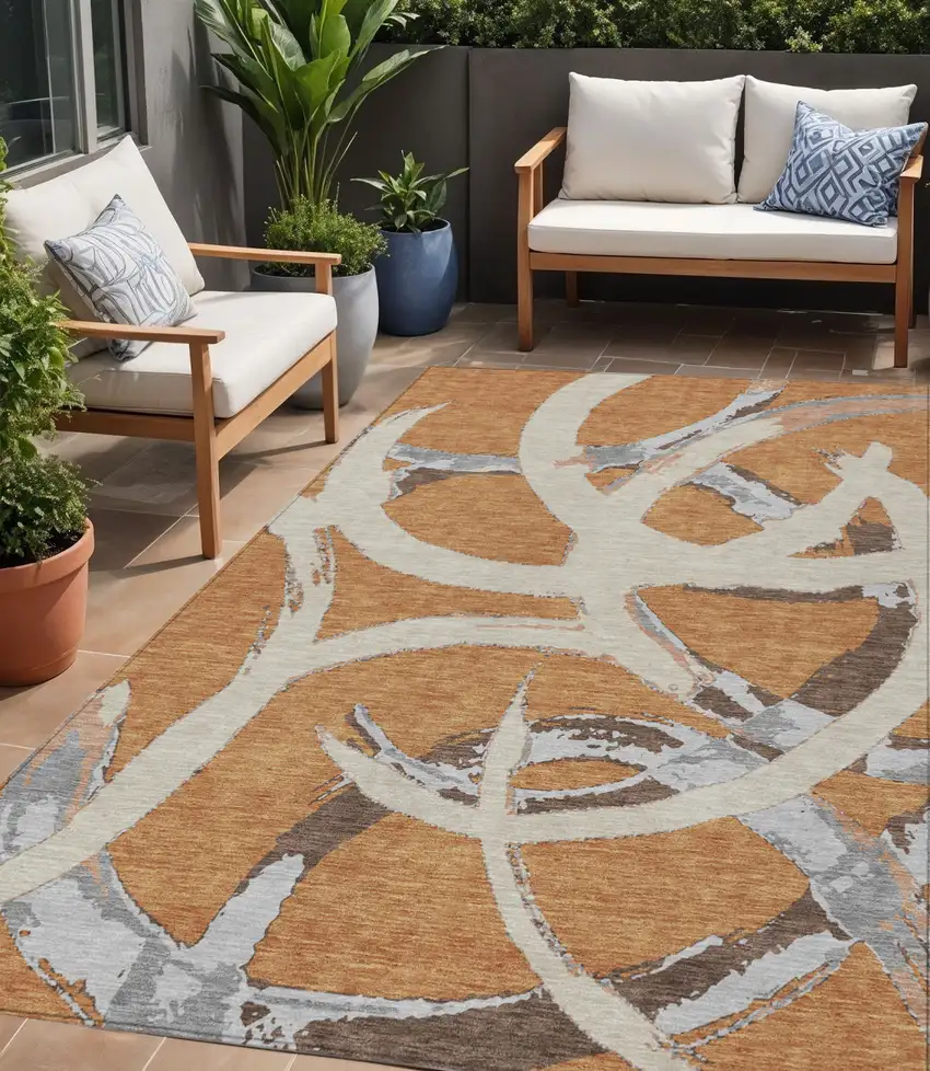 Copper Ivory And Gray Abstract Washable Indoor Outdoor Area Rug Photo 1