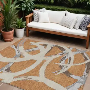 Photo of Copper Ivory And Gray Abstract Washable Indoor Outdoor Area Rug