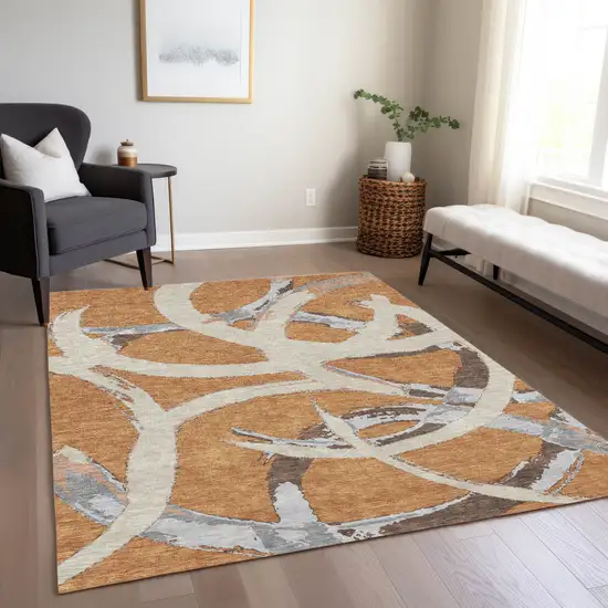 Copper Ivory And Gray Abstract Washable Indoor Outdoor Area Rug Photo 9