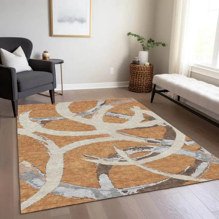 Copper Ivory And Gray Abstract Washable Indoor Outdoor Area Rug Photo 9