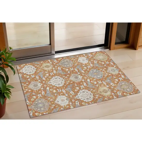 Copper Ivory And Gray Damask Washable Indoor Outdoor Area Rug Photo 1
