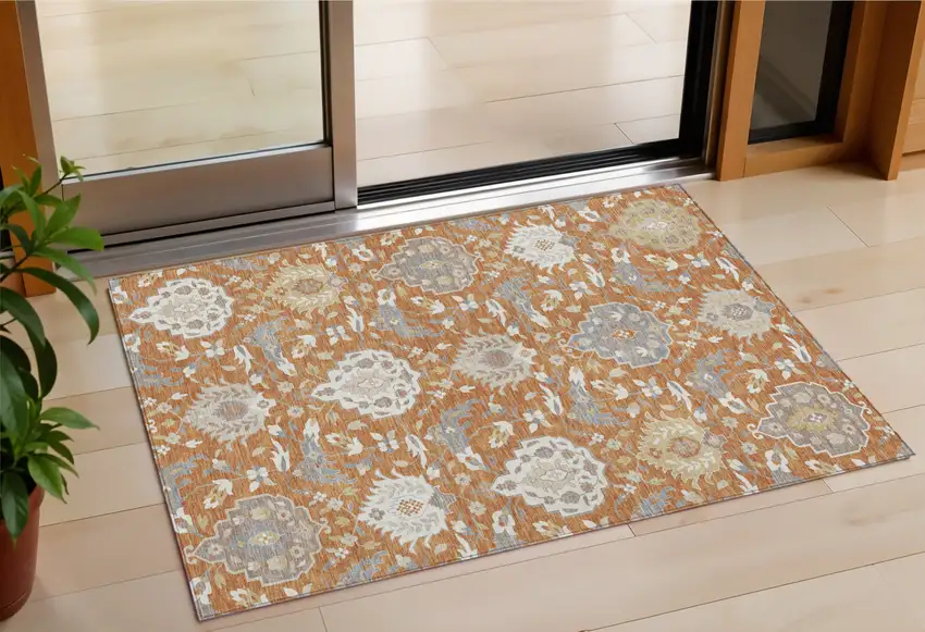 Copper Ivory And Gray Damask Washable Indoor Outdoor Area Rug Photo 1