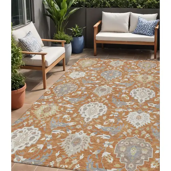 Copper Ivory And Gray Damask Washable Indoor Outdoor Area Rug Photo 1