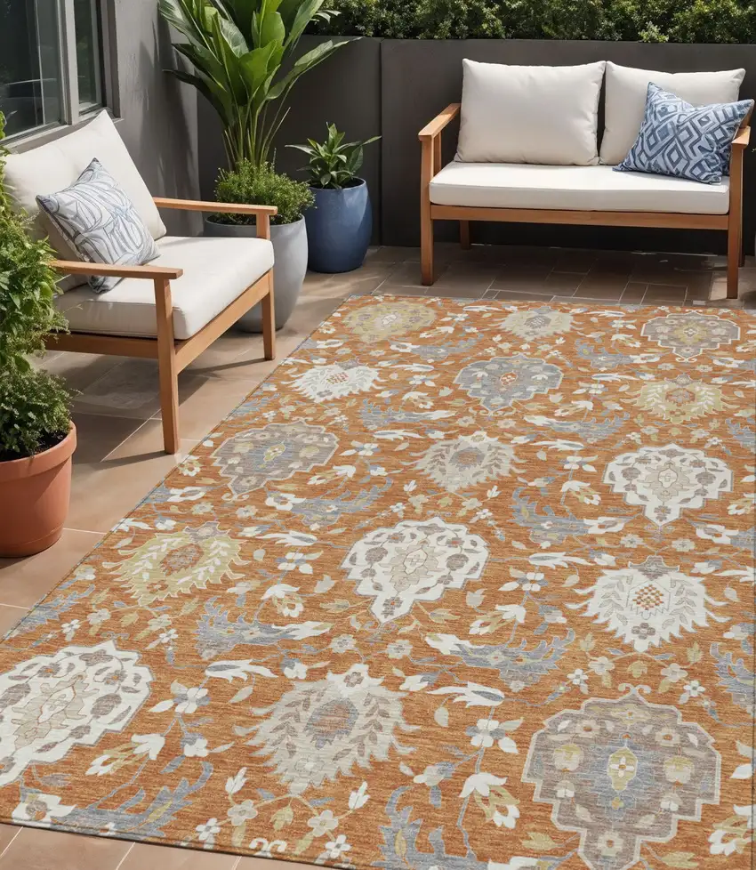 Copper Ivory And Gray Damask Washable Indoor Outdoor Area Rug Photo 1