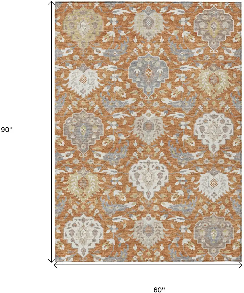 Copper Ivory And Gray Damask Washable Indoor Outdoor Area Rug Photo 3