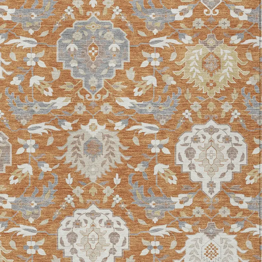 Copper Ivory And Gray Damask Washable Indoor Outdoor Area Rug Photo 7