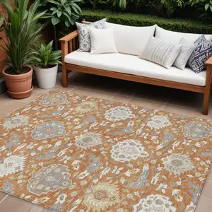 Photo of Copper Ivory And Gray Damask Washable Indoor Outdoor Area Rug