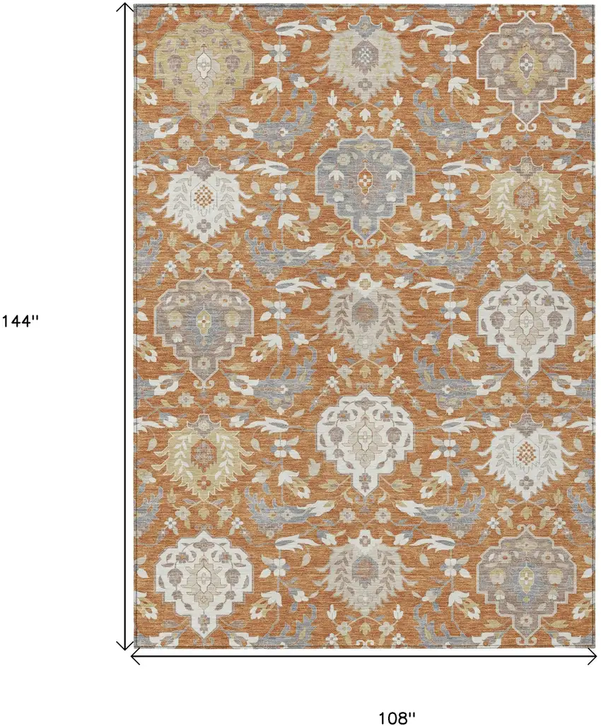 Copper Ivory And Gray Damask Washable Indoor Outdoor Area Rug Photo 3