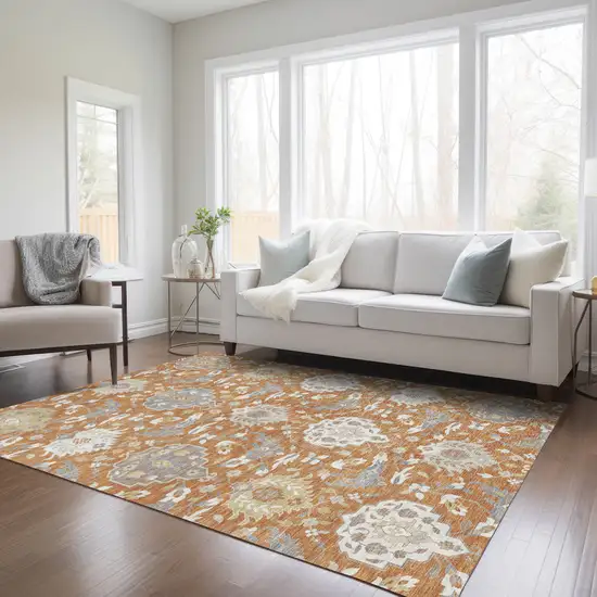 Copper Ivory And Gray Damask Washable Indoor Outdoor Area Rug Photo 9