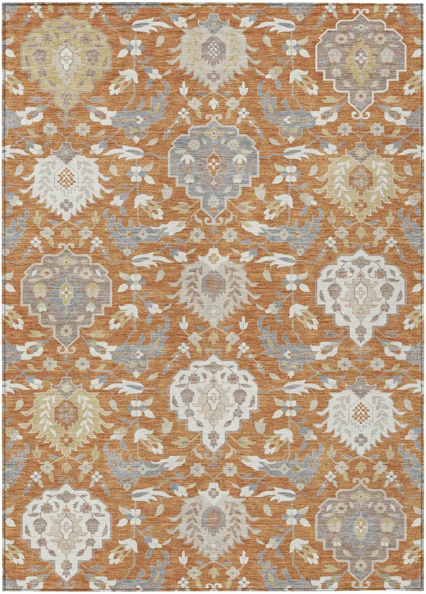 Copper Ivory And Gray Damask Washable Indoor Outdoor Area Rug Photo 1