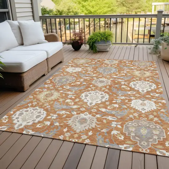 Copper Ivory And Gray Damask Washable Indoor Outdoor Area Rug Photo 7