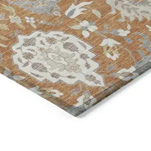 Photo of Copper Ivory And Gray Damask Washable Indoor Outdoor Area Rug