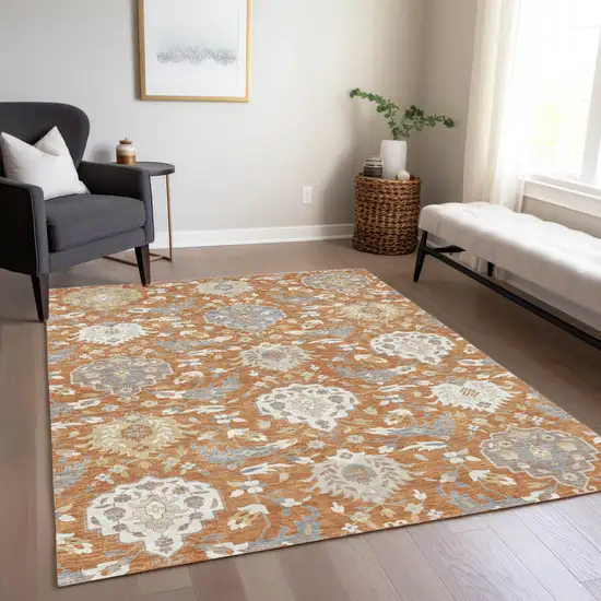Copper Ivory And Gray Damask Washable Indoor Outdoor Area Rug Photo 8