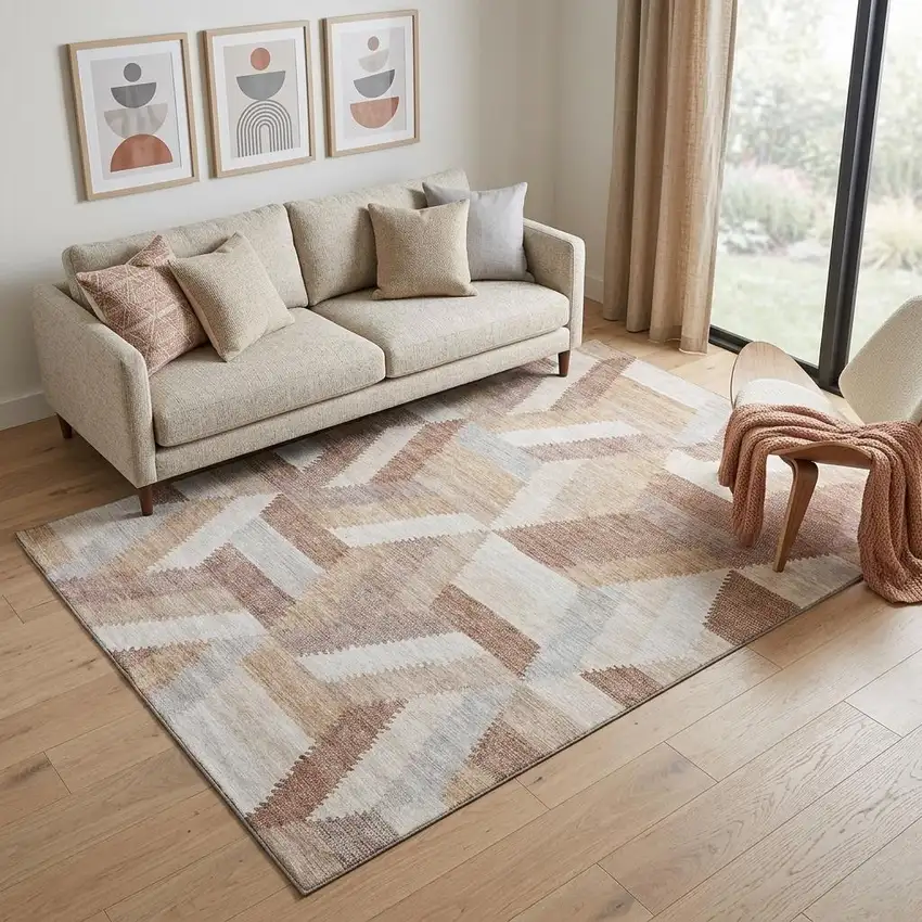Copper Ivory And Gray Geometric Washable Area Rug With UV Protection Photo 1