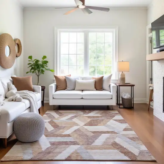 Copper Ivory And Gray Geometric Washable Area Rug With UV Protection Photo 6