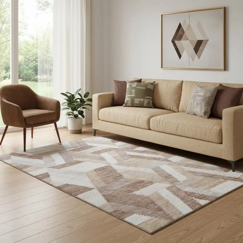 Copper Ivory And Gray Geometric Washable Area Rug With UV Protection Photo 2