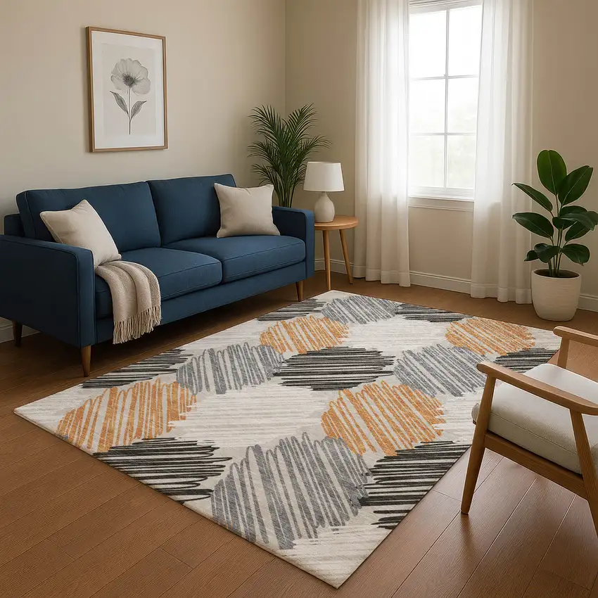 Copper Ivory And Gray Geometric Washable Area Rug With UV Protection Photo 5
