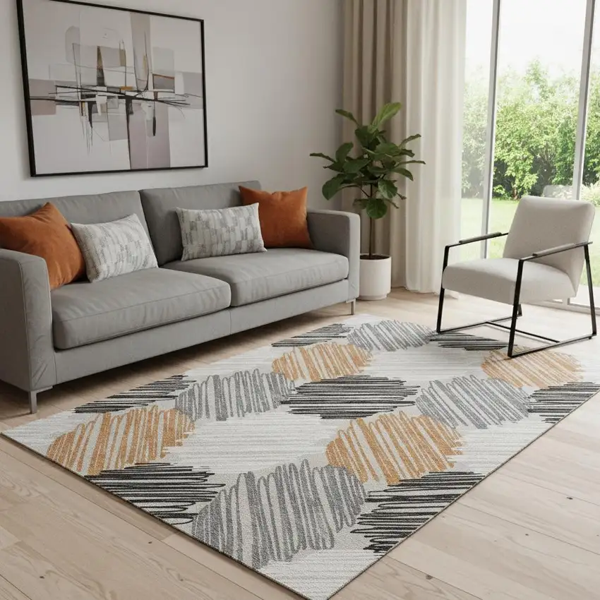 Copper Ivory And Gray Geometric Washable Area Rug With UV Protection Photo 2