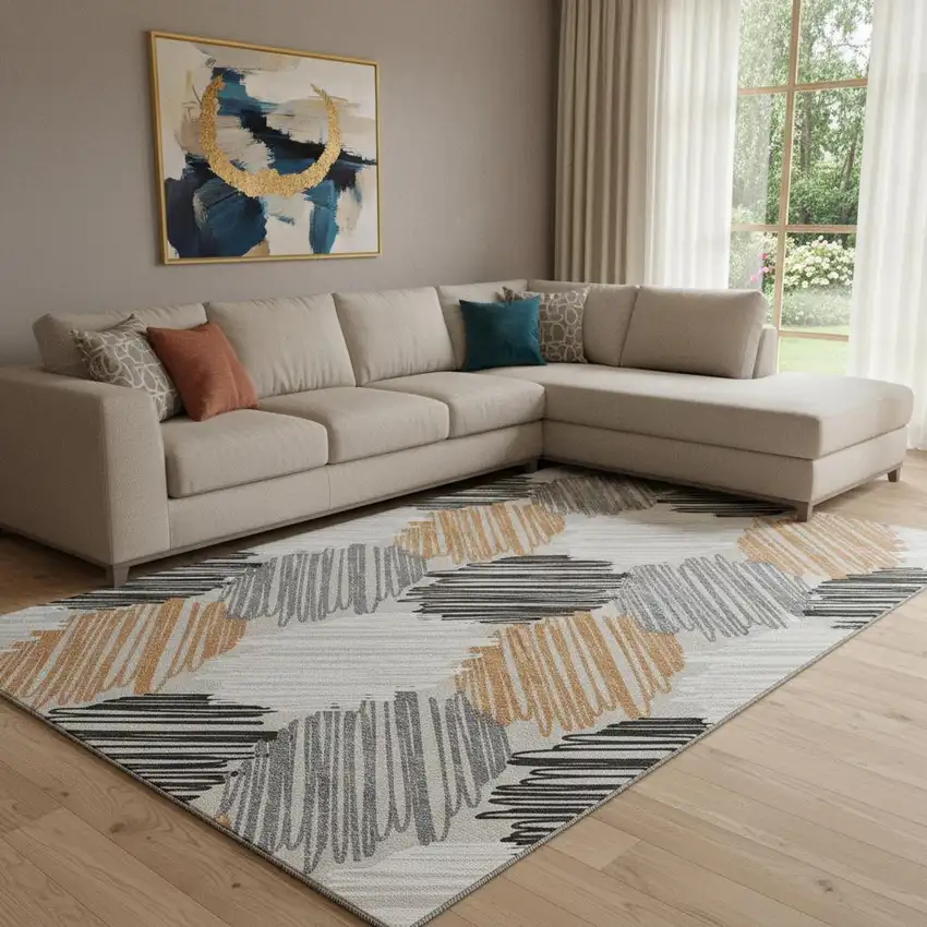 Copper Ivory And Gray Geometric Washable Area Rug With UV Protection Photo 2
