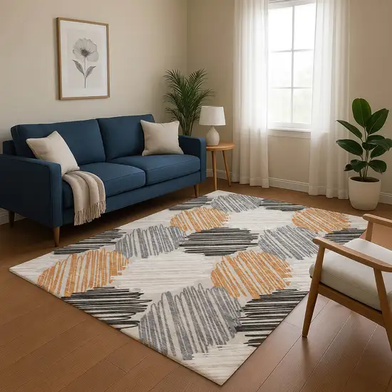 Copper Ivory And Gray Geometric Washable Area Rug With UV Protection Photo 5