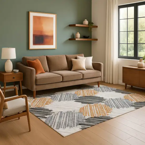 Copper Ivory And Gray Geometric Washable Area Rug With UV Protection Photo 6