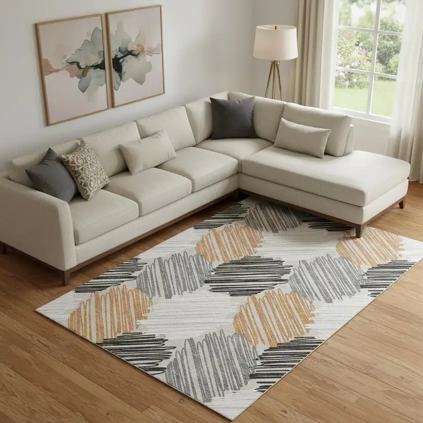 Copper Ivory And Gray Geometric Washable Area Rug With UV Protection Photo 2